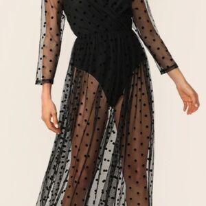 Banjul Sheer Black Polka Dot Dress & Built In Bodysuit With 3/4 Sleeves & Beads